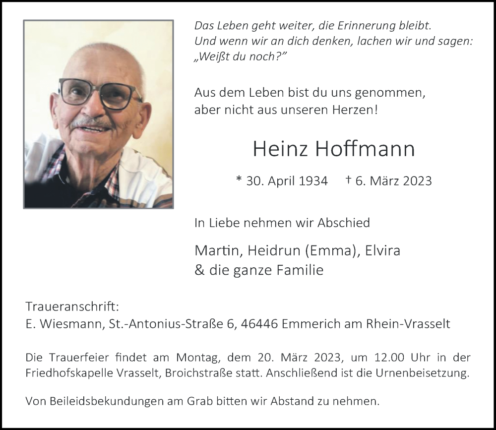  Traueranzeige für Heinz Hoffmann vom 15.03.2023 aus Rheinische Post