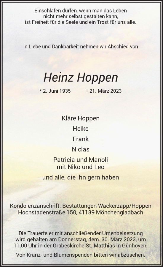 Traueranzeige von Heinz Hoppen von Rheinische Post