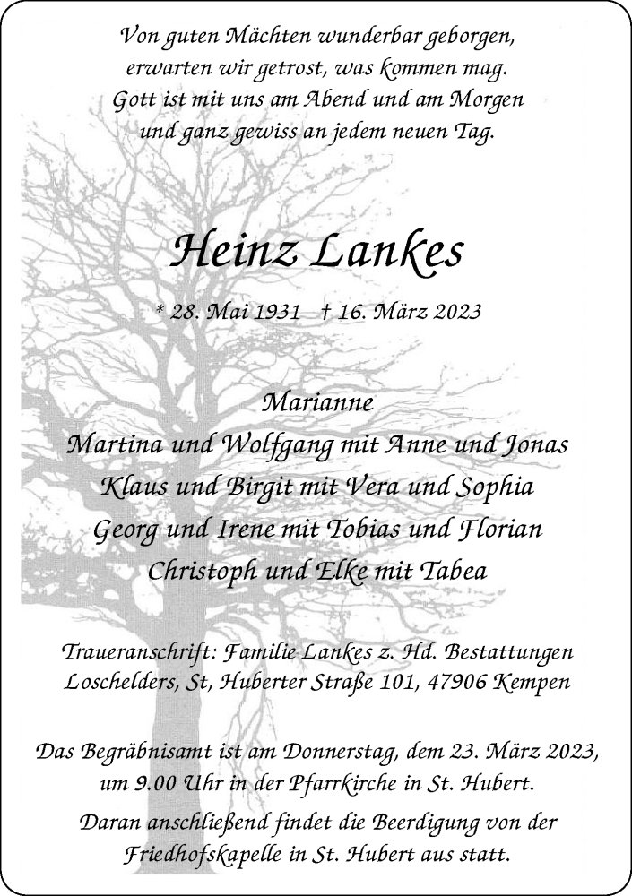  Traueranzeige für Heinz Lankes vom 22.03.2023 aus Rheinische Post