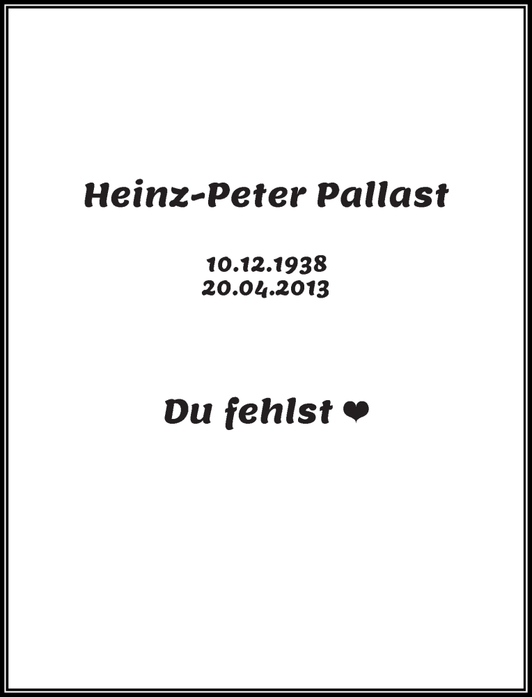  Traueranzeige für Heinz-Peter Pallast vom 22.04.2023 aus Rheinische Post
