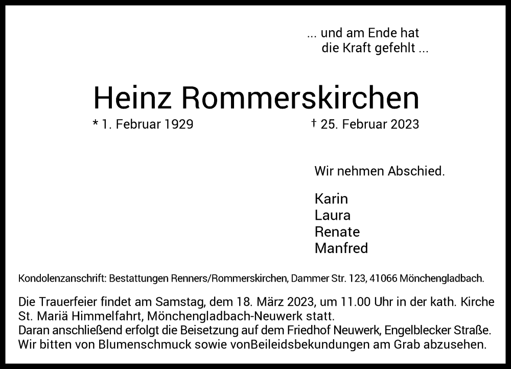  Traueranzeige für Heinz Rommerskirchen vom 15.03.2023 aus Rheinische Post