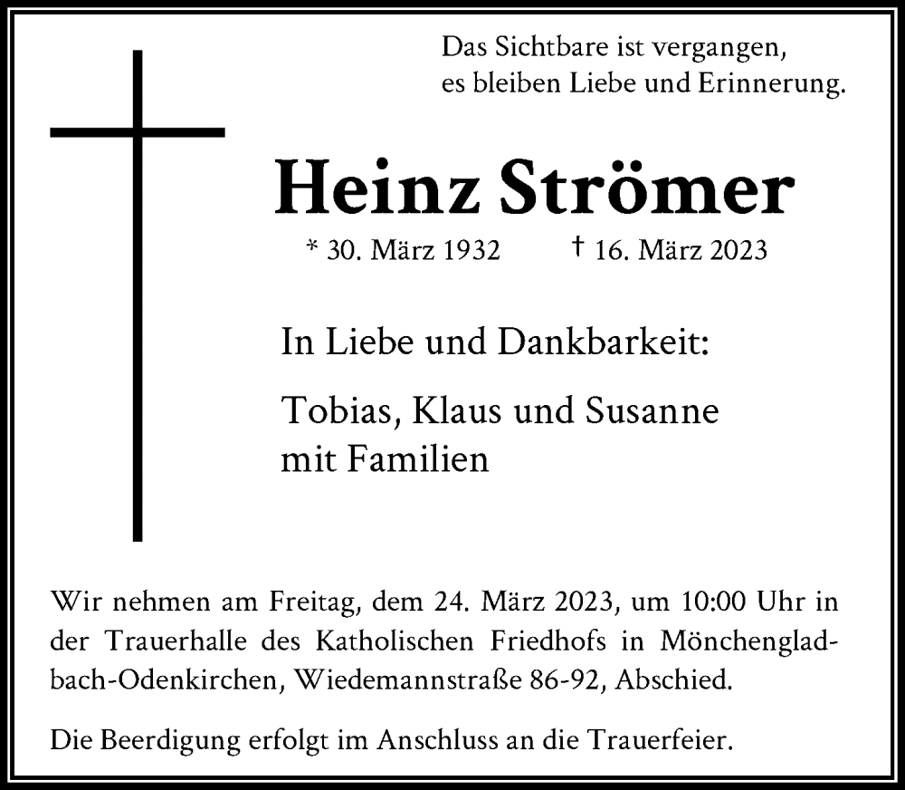  Traueranzeige für Heinz Strömer vom 18.03.2023 aus Rheinische Post