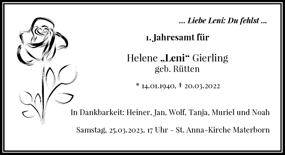  Traueranzeige für Helene Gierling vom 18.03.2023 aus Rheinische Post