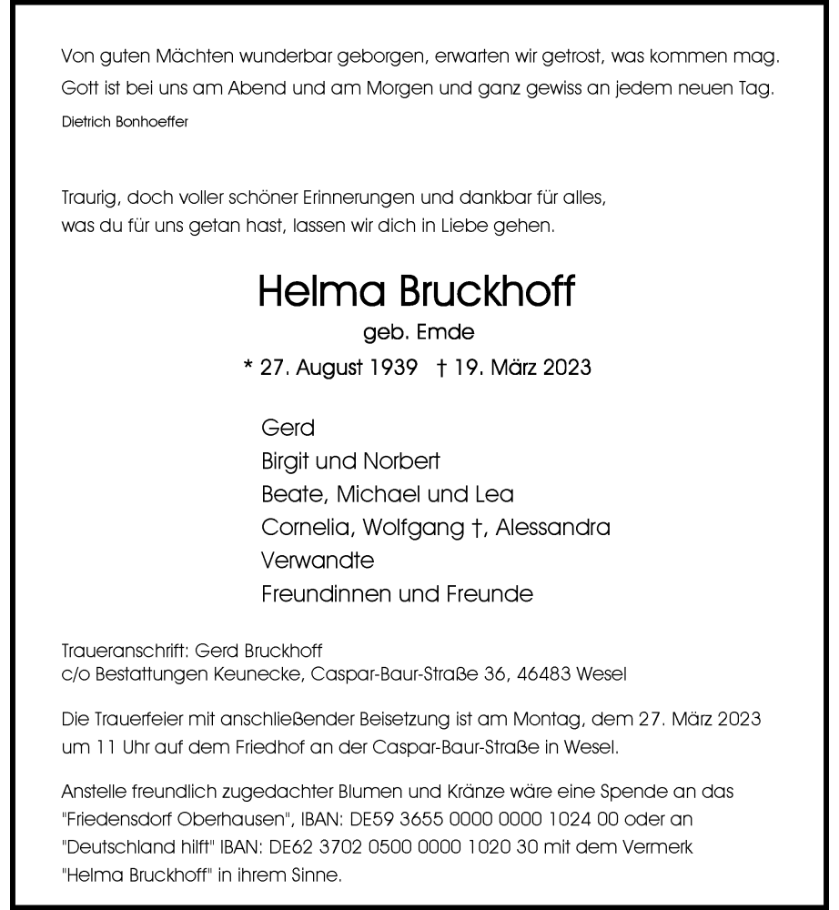  Traueranzeige für Helma Bruckhoff vom 24.03.2023 aus Rheinische Post