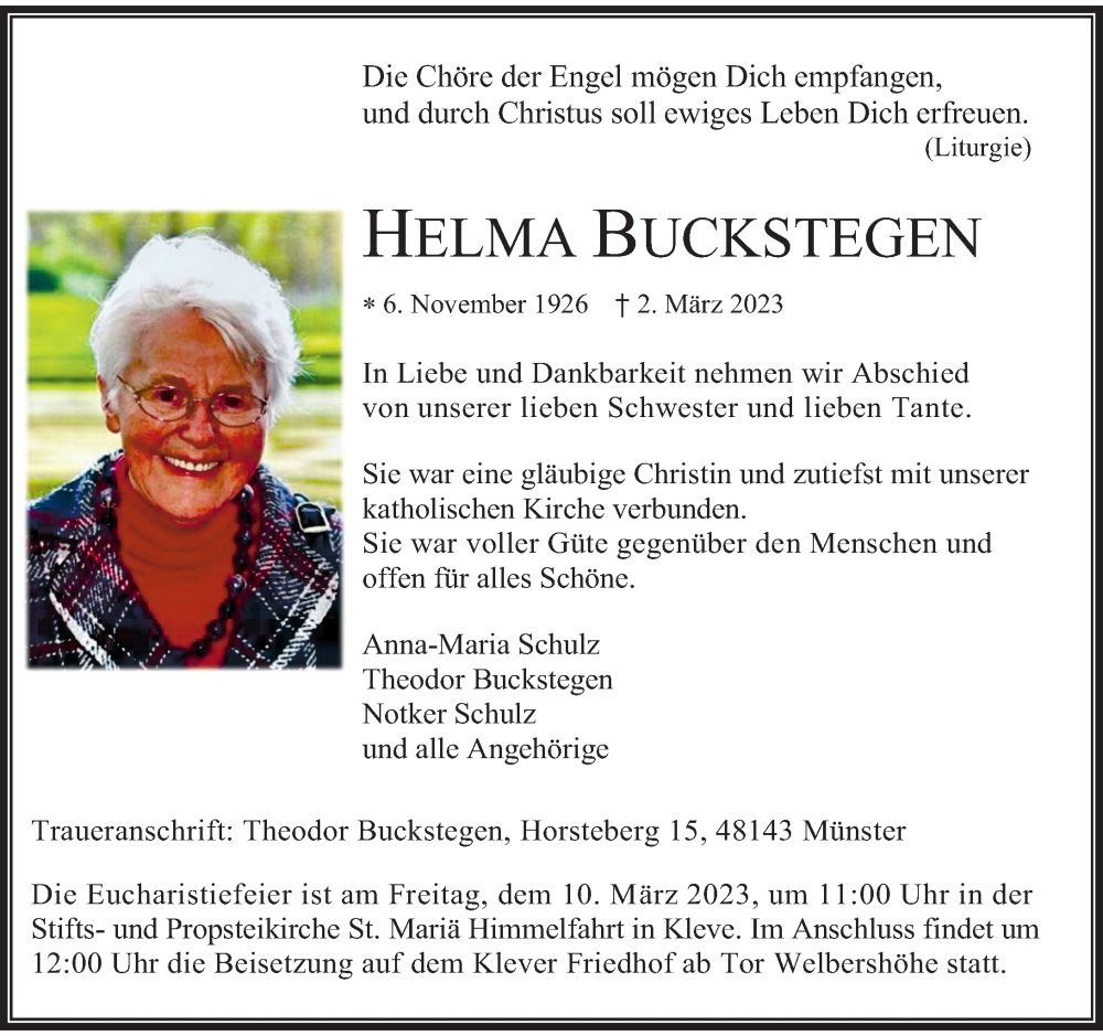  Traueranzeige für Helma Buckstegen vom 07.03.2023 aus Rheinische Post