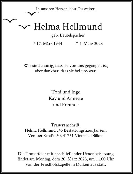 Traueranzeige von Helma Hellmund von Rheinische Post