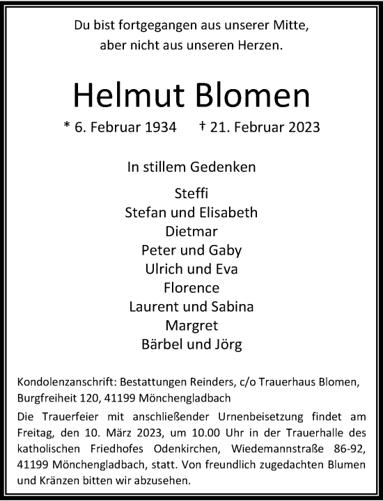 Traueranzeige von Helmut Blomen von Rheinische Post