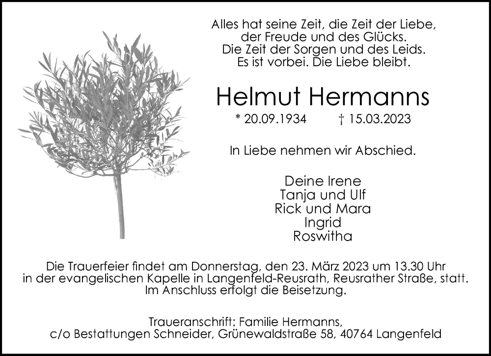  Traueranzeige für Helmut Hermanns vom 18.03.2023 aus Rheinische Post