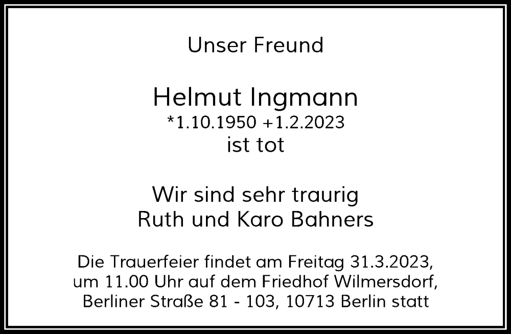  Traueranzeige für Helmut Ingmann vom 18.03.2023 aus Rheinische Post