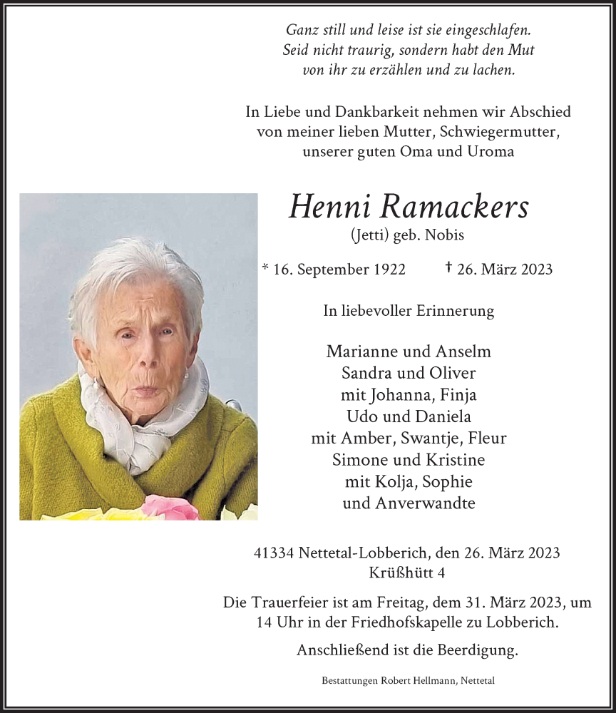  Traueranzeige für Henni Ramackers vom 29.03.2023 aus Rheinische Post