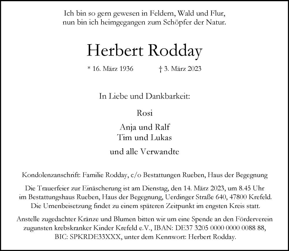  Traueranzeige für Herbert Rodday vom 11.03.2023 aus Rheinische Post