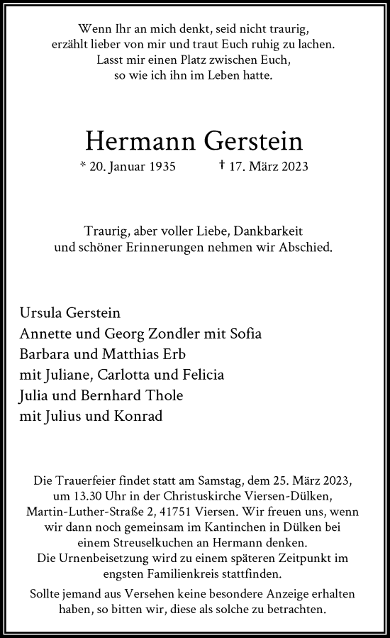 Traueranzeige von Hermann Gerstein von Rheinische Post