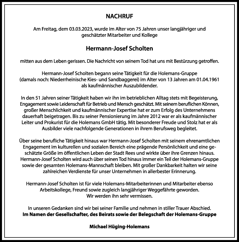  Traueranzeige für Hermann-Josef Scholten vom 25.03.2023 aus Rheinische Post