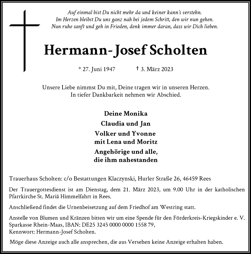  Traueranzeige für Hermann-Josef Scholten vom 11.03.2023 aus Rheinische Post