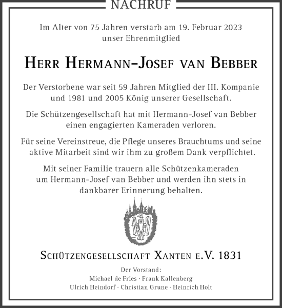 Traueranzeige von Hermann-Josef van Bebber von Rheinische Post