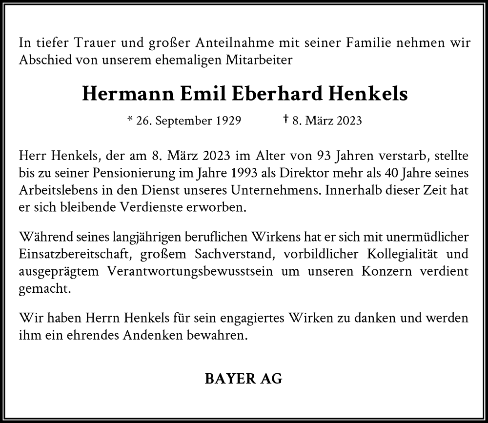  Traueranzeige für Hermann Emil Eberhard Henkels vom 18.03.2023 aus Rheinische Post