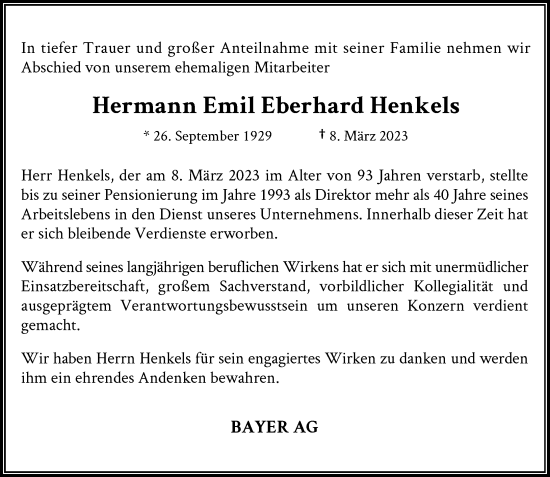 Traueranzeige von Hermann Emil Eberhard Henkels von Rheinische Post