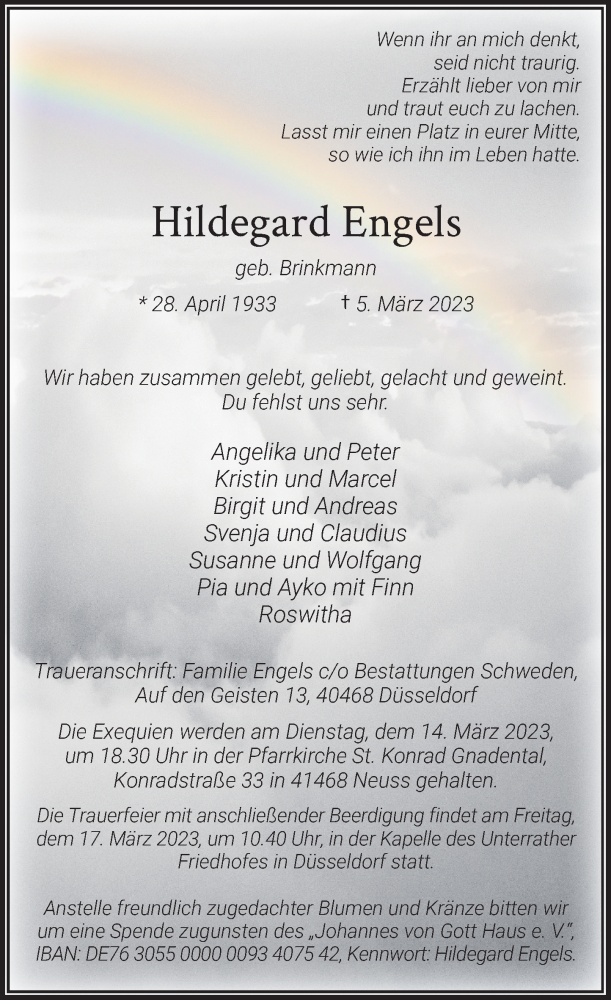  Traueranzeige für Hildegard Engels vom 11.03.2023 aus Rheinische Post