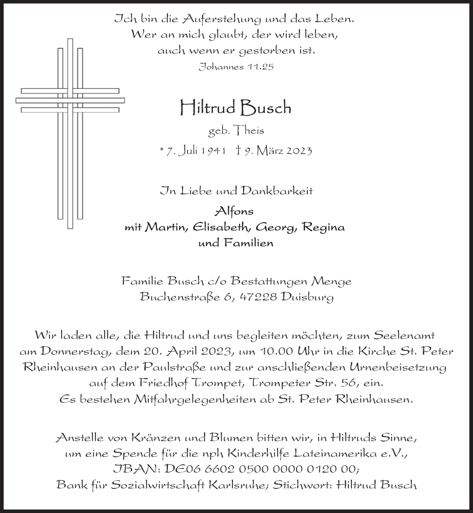  Traueranzeige für Hiltrud Busch vom 18.03.2023 aus Rheinische Post