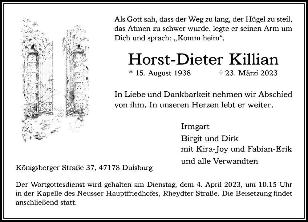  Traueranzeige für Horst-Dieter Killian vom 29.03.2023 aus Rheinische Post