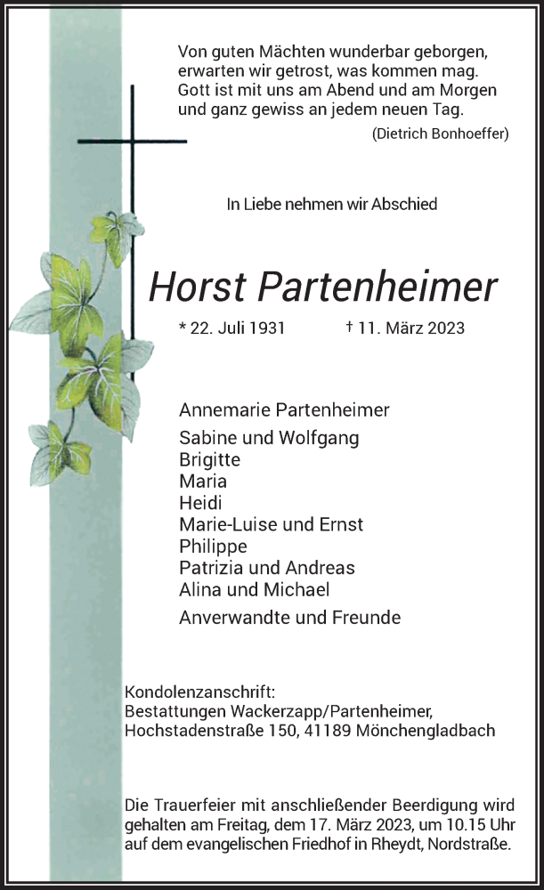  Traueranzeige für Horst Partenheimer vom 15.03.2023 aus Rheinische Post