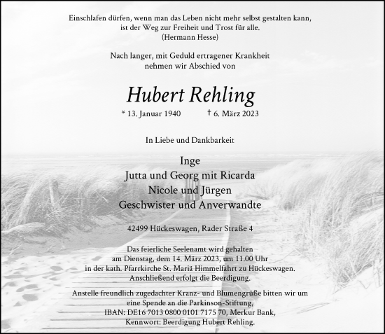 Traueranzeige von Hubert Rehling von Rheinische Post
