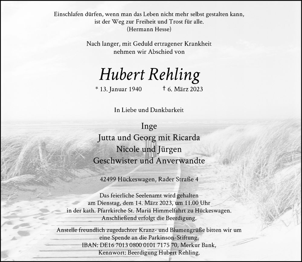  Traueranzeige für Hubert Rehling vom 11.03.2023 aus Rheinische Post
