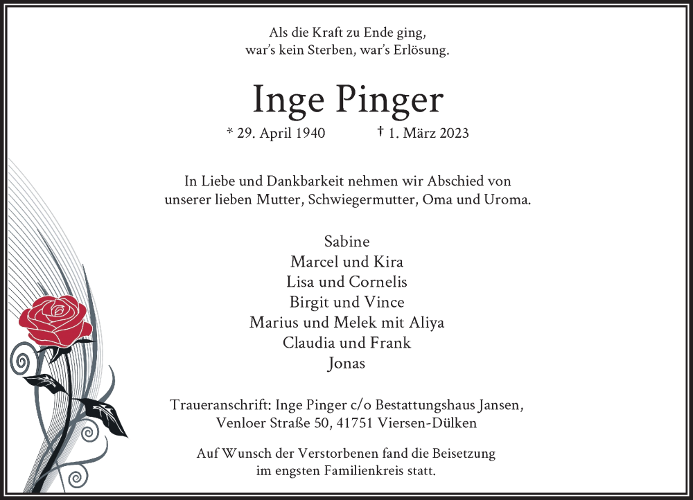  Traueranzeige für Inge Pinger vom 18.03.2023 aus Rheinische Post