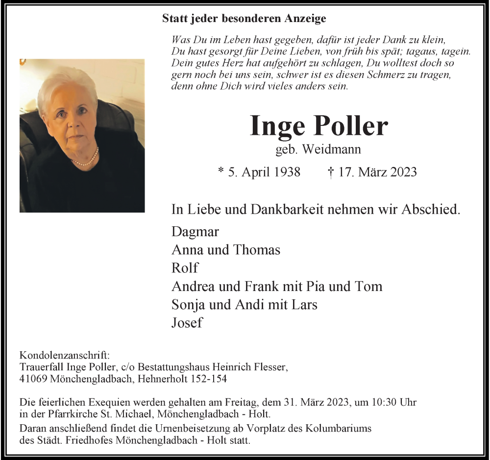  Traueranzeige für Inge Poller vom 25.03.2023 aus Rheinische Post