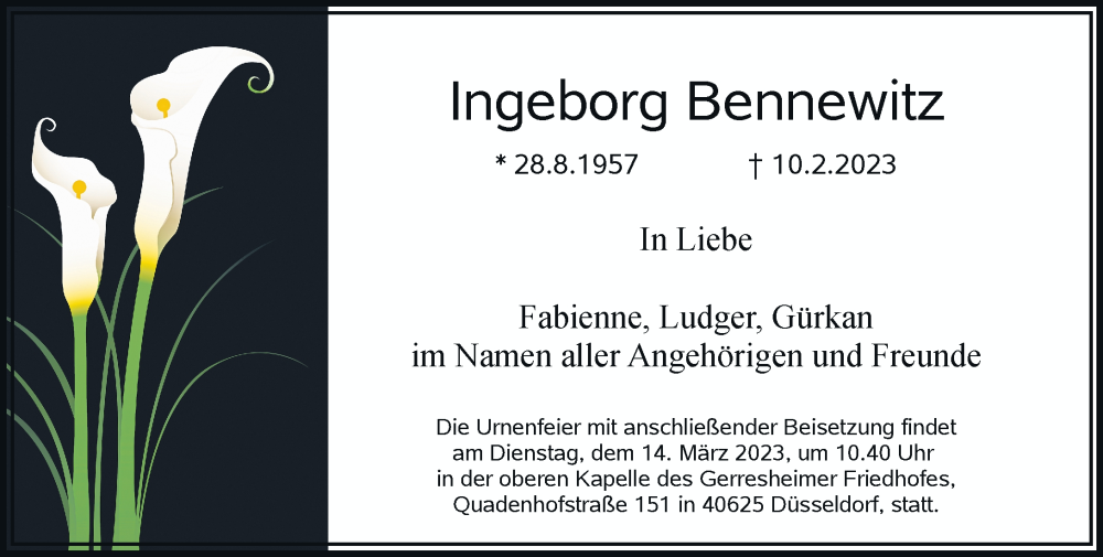  Traueranzeige für Ingeborg Bennewitz vom 04.03.2023 aus Rheinische Post