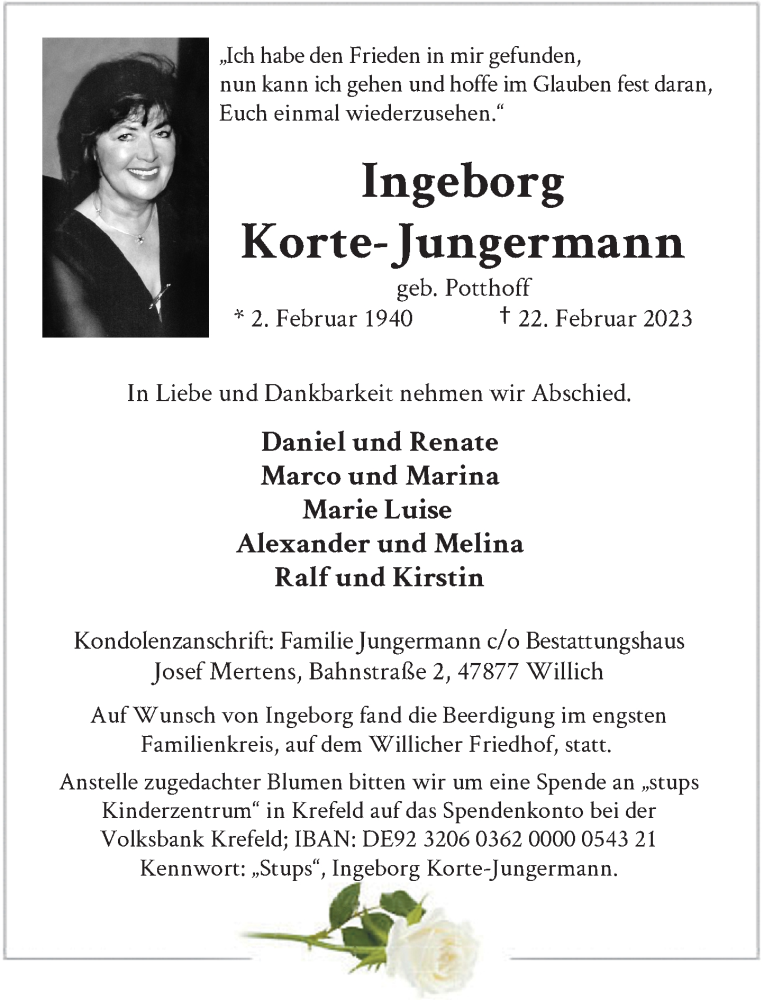  Traueranzeige für Ingeborg Korte-Jungermann vom 15.03.2023 aus Rheinische Post