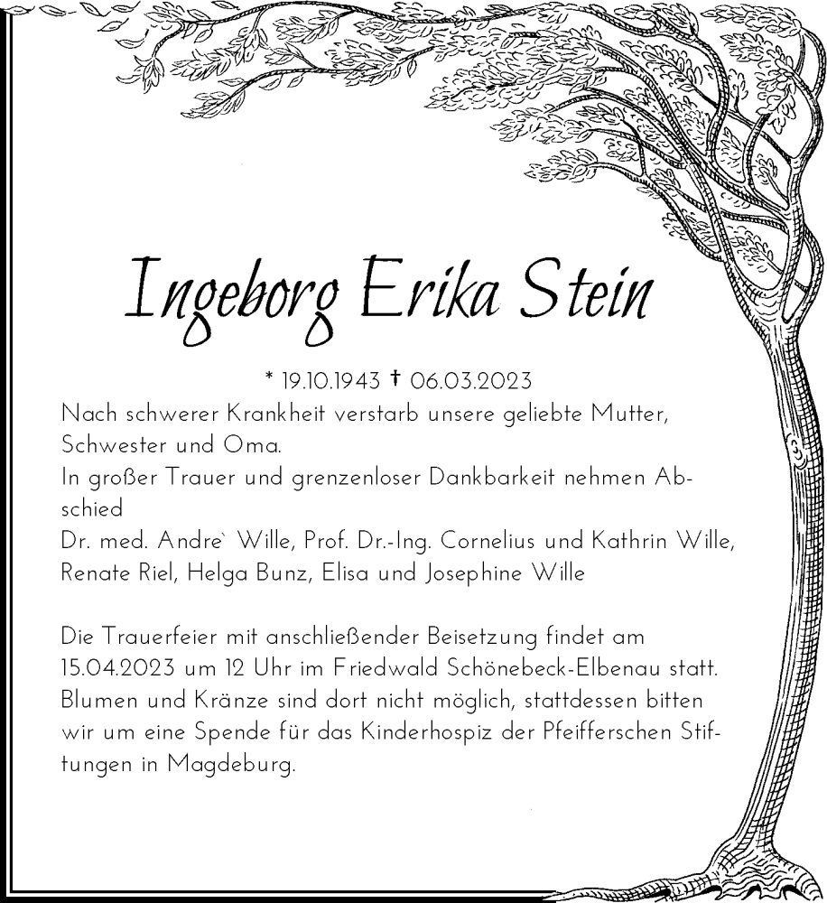  Traueranzeige für Ingeborg Erika Stein vom 25.03.2023 aus Rheinische Post