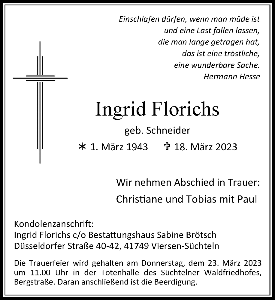  Traueranzeige für Ingrid Florichs vom 22.03.2023 aus Rheinische Post