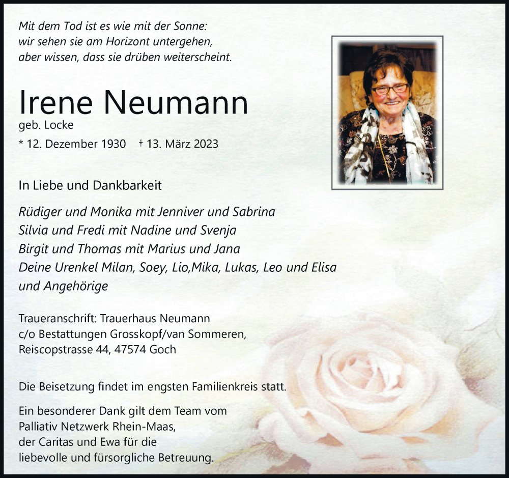  Traueranzeige für Irene Neumann vom 25.03.2023 aus Rheinische Post