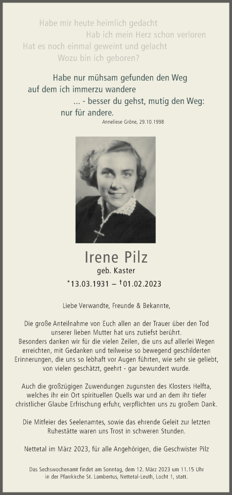  Traueranzeige für Irene Pilz vom 04.03.2023 aus Rheinische Post