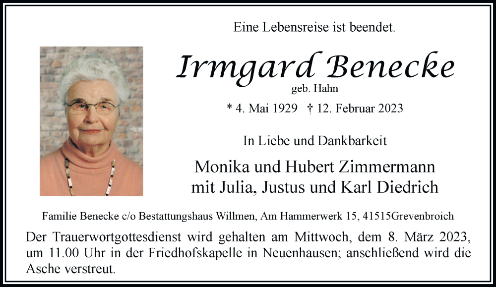  Traueranzeige für Irmgard Benecke vom 04.03.2023 aus Rheinische Post