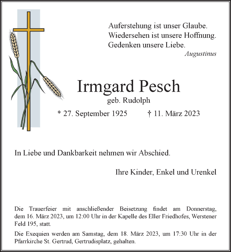  Traueranzeige für Irmgard Pesch vom 15.03.2023 aus Rheinische Post