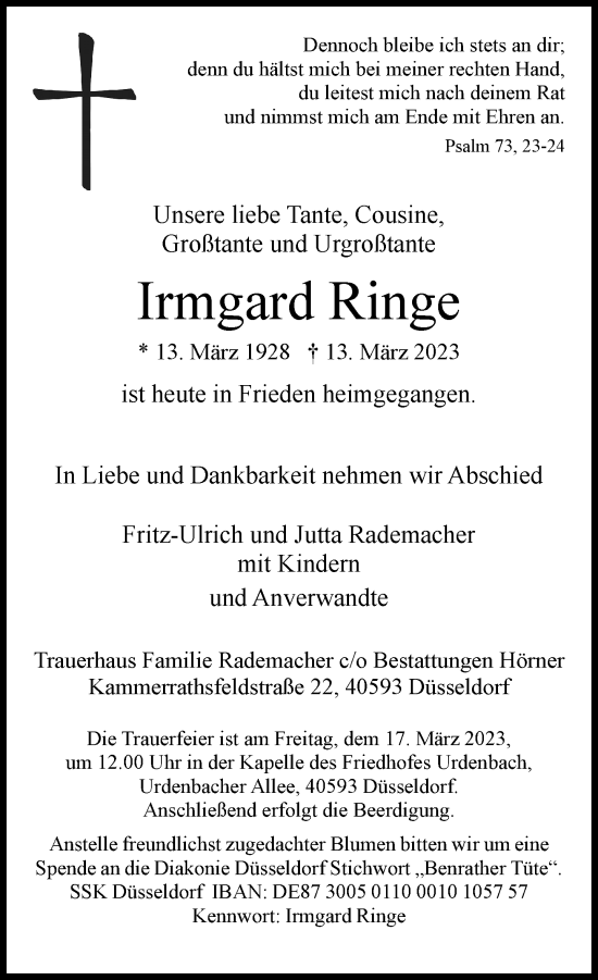 Traueranzeige von Irmgard Ringe von Rheinische Post