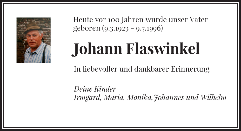  Traueranzeige für Johann Flaswinkel vom 09.03.2023 aus Rheinische Post
