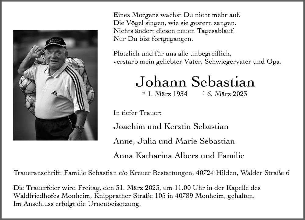 Traueranzeige für Johann Sebastian vom 18.03.2023 aus Rheinische Post