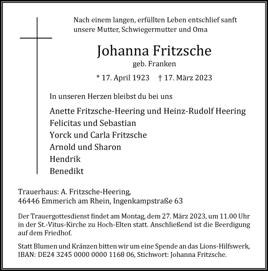 Traueranzeige von Johanna Fritzsche von Rheinische Post