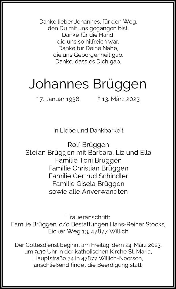  Traueranzeige für Johannes Brüggen vom 18.03.2023 aus Rheinische Post