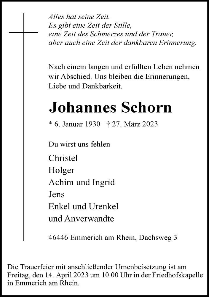  Traueranzeige für Johannes Schorn vom 01.04.2023 aus Rheinische Post