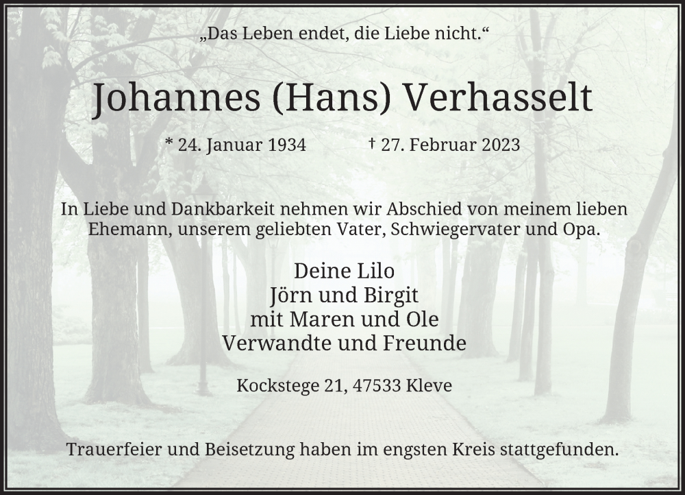  Traueranzeige für Johannes Verhasselt vom 11.03.2023 aus Rheinische Post