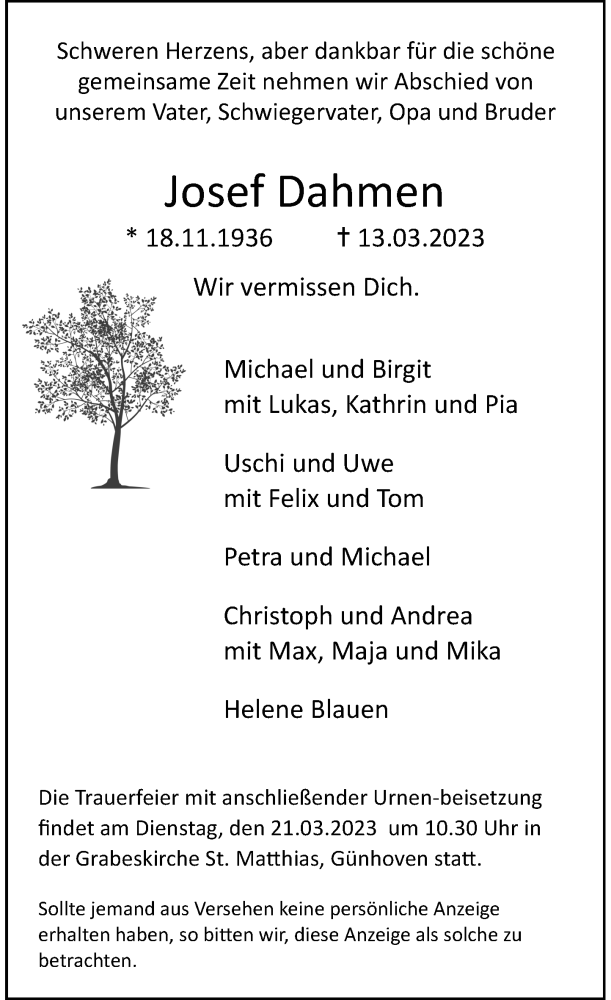  Traueranzeige für Josef Dahmen vom 18.03.2023 aus Rheinische Post