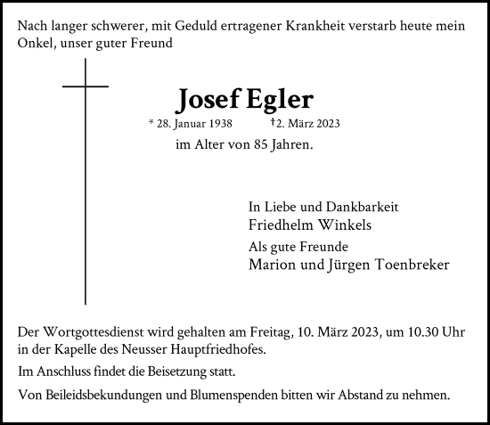 Traueranzeige von Josef Egler von Rheinische Post