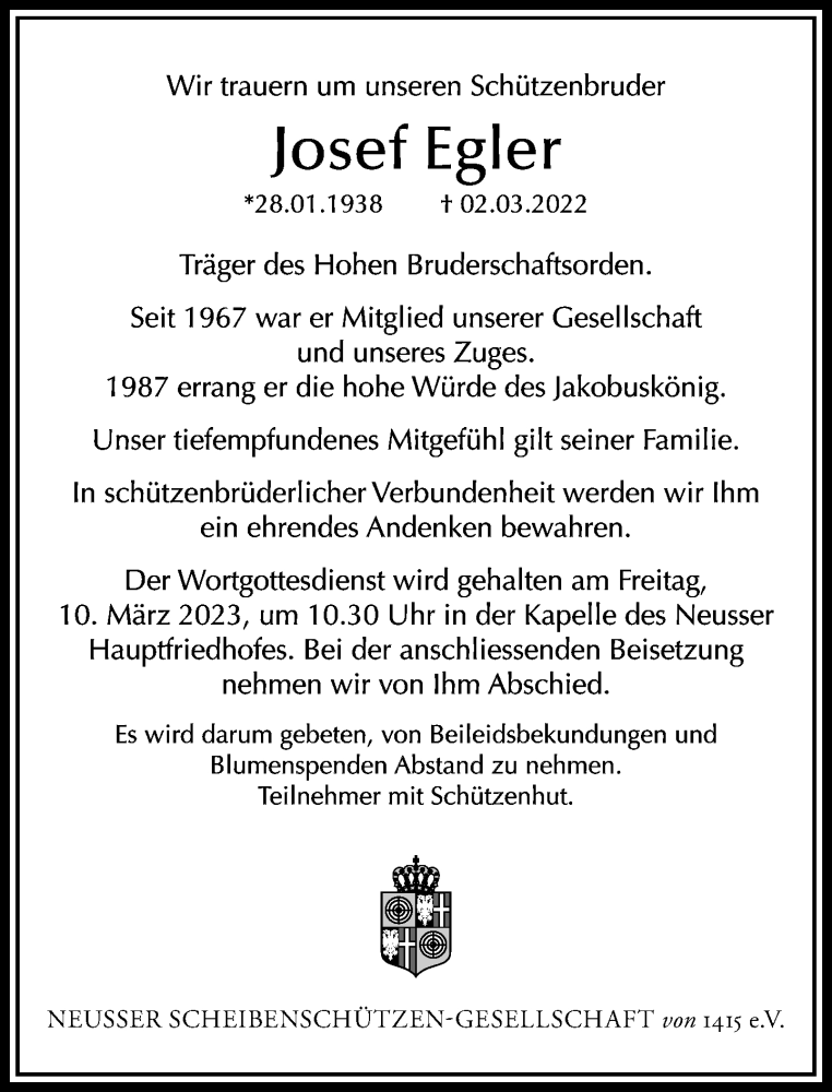 Traueranzeige für Josef Egler vom 08.03.2023 aus Rheinische Post