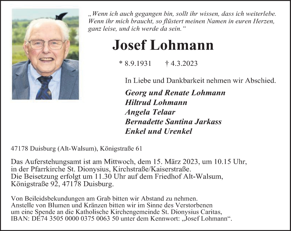  Traueranzeige für Josef Lohmann vom 09.03.2023 aus Rheinische Post
