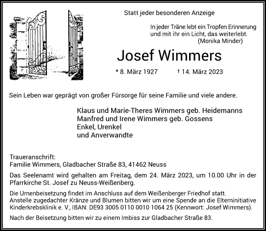 Traueranzeige von Josef Wimmers von Rheinische Post