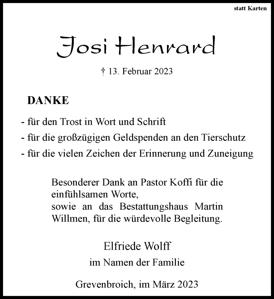  Traueranzeige für Josi Henrard vom 25.03.2023 aus Rheinische Post